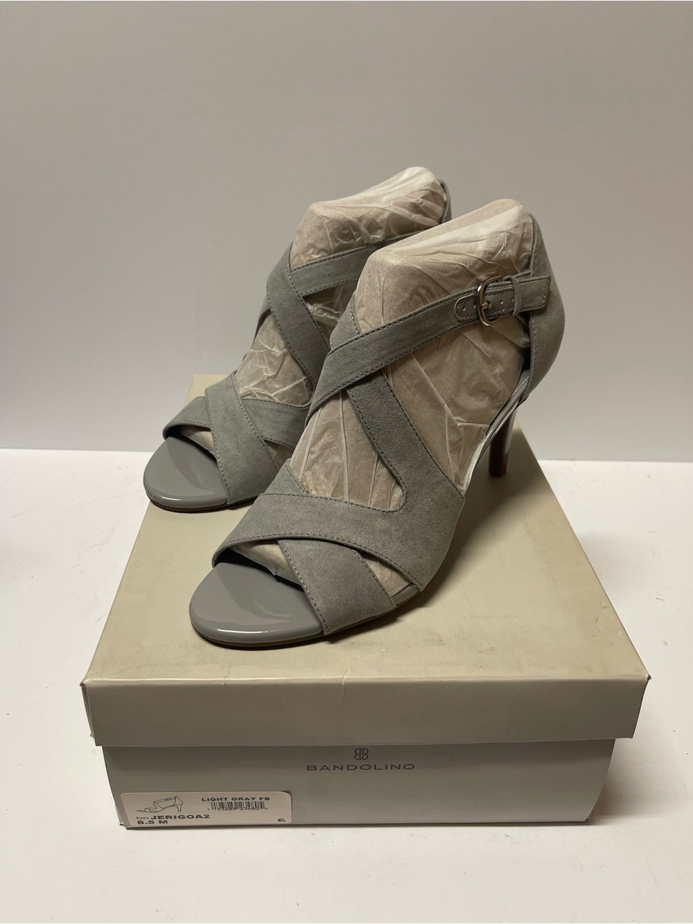 Bandolino Light Gray Suede Crisscross Peep-Toe Heels with Buckle